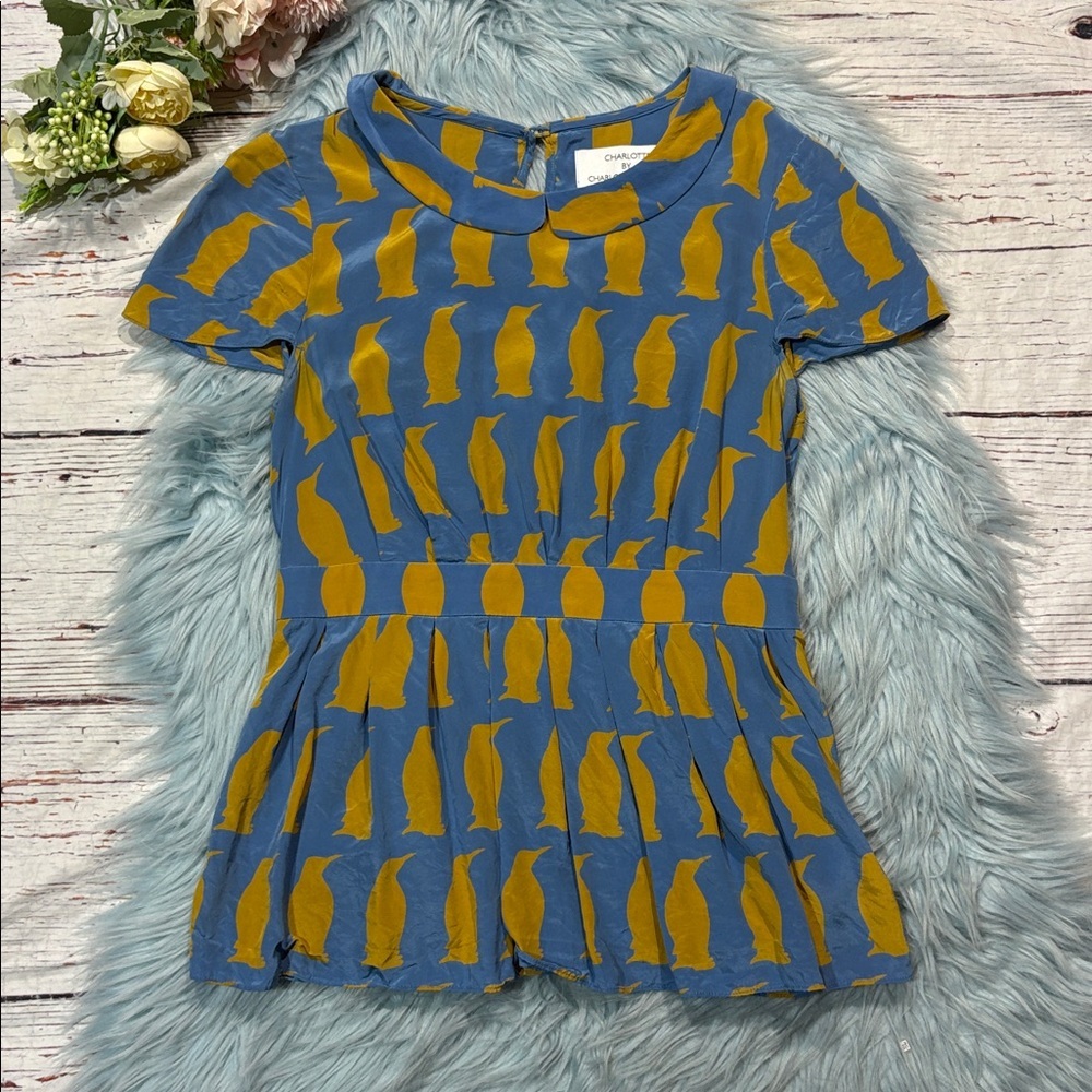 Anthropologie "Adelie Blouse" By Charlotte Taylor Penguins Silk